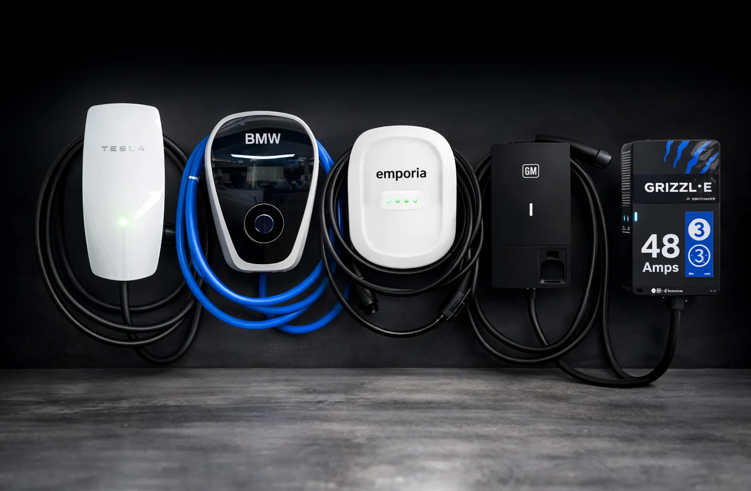 A lineup of home EV chargers in a Northern Virginia garage